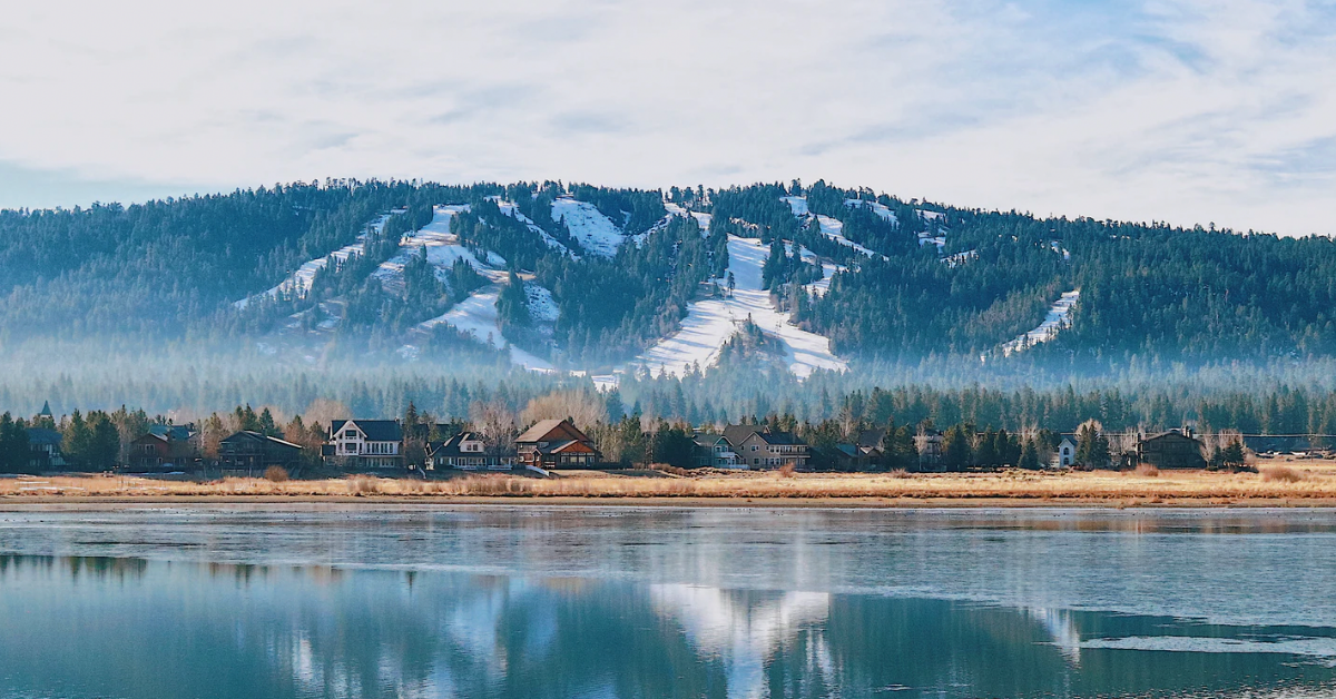 A view of Big Bear Ski Slopes over the lake. 