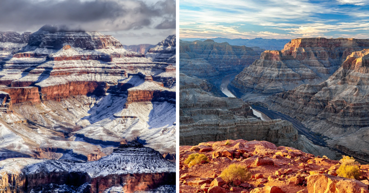 Split Image of the Grand Canyon, snow covered on the left, and sun bathed on the right. 