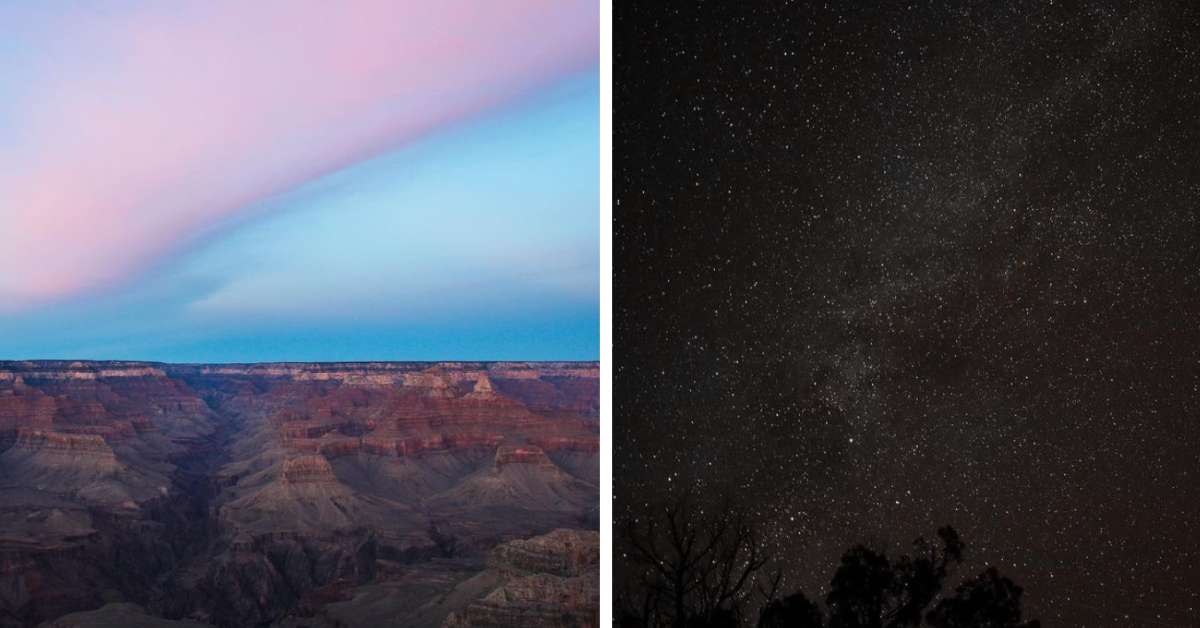 Grand Canyon Painted by a pink and blue sunrise sky on the left. And then a night time view of the stars. 