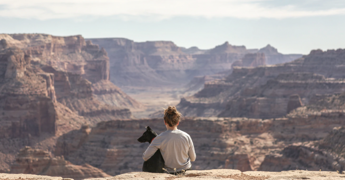 Woman and Dog sitting overlooking the Grand Canyon. 