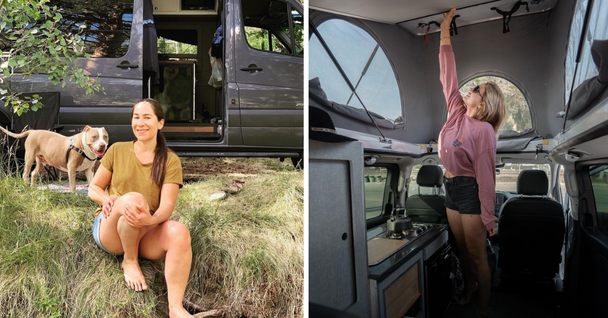 Split image of van lifers enjoying their van. One is a metris and the other a sprinter. 