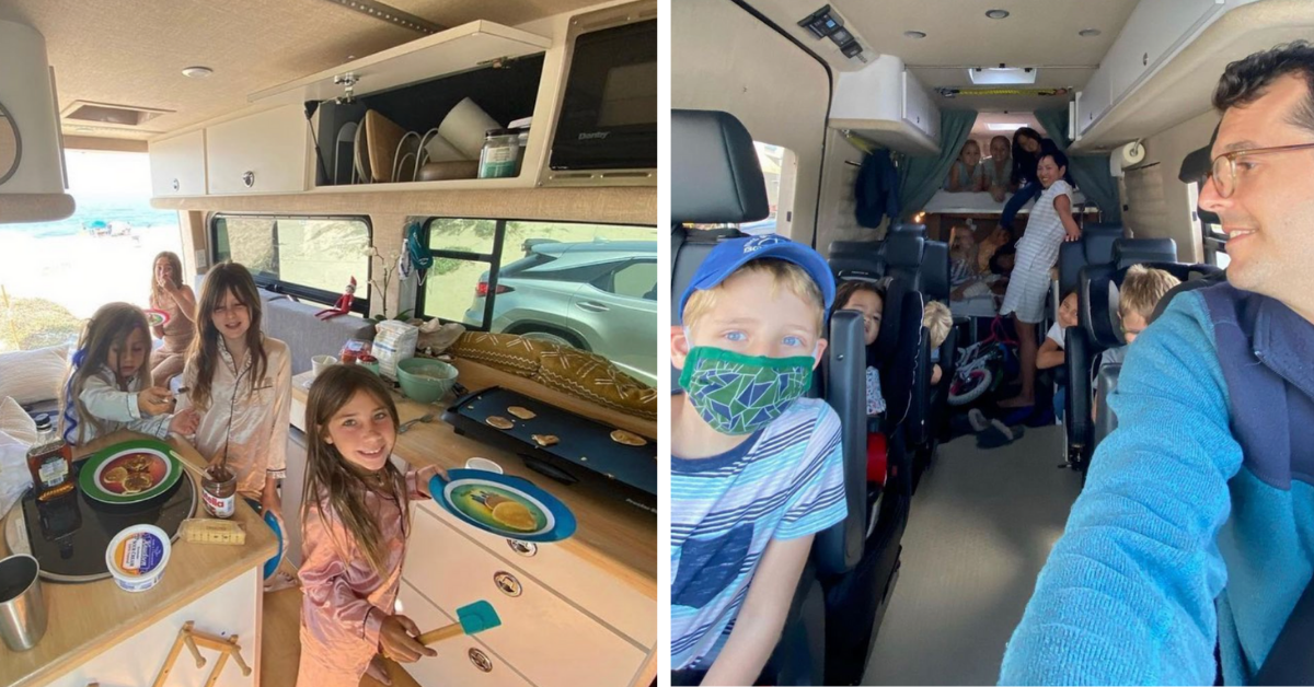 Two families inside the campervan ready for adventure!