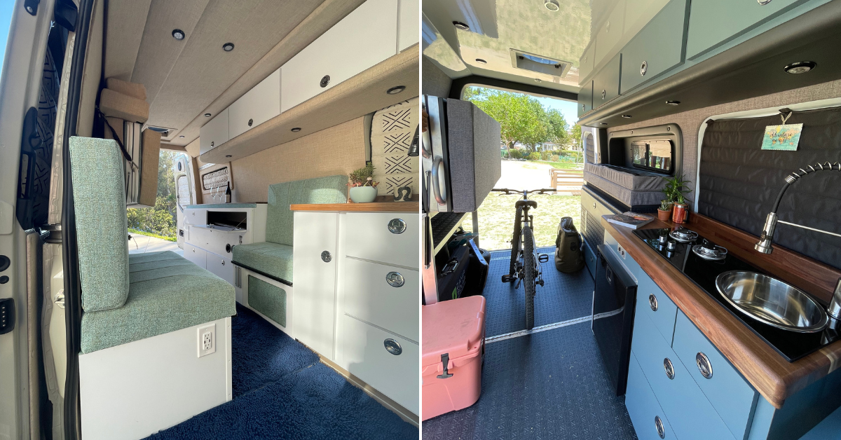 a split image of two campervan interiors