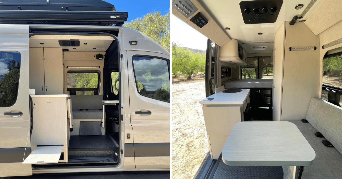 the inside of a campervan and the kitchen 