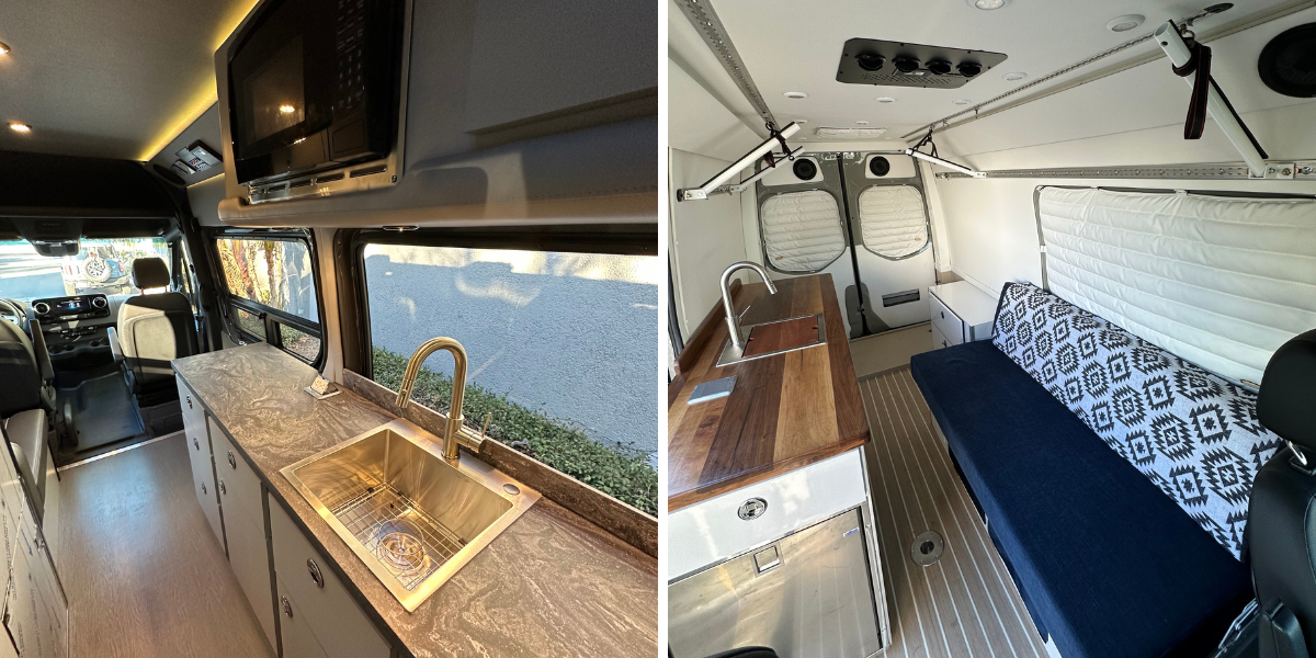 the interiors of two sprinter van conversions
