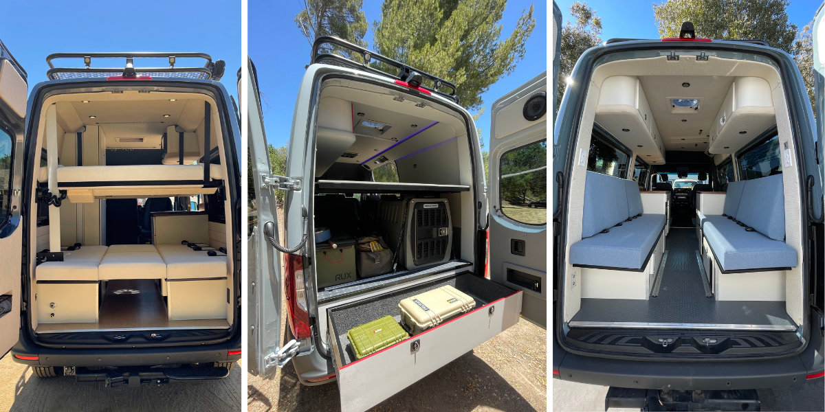 three pictures of campervan conversions from the back
