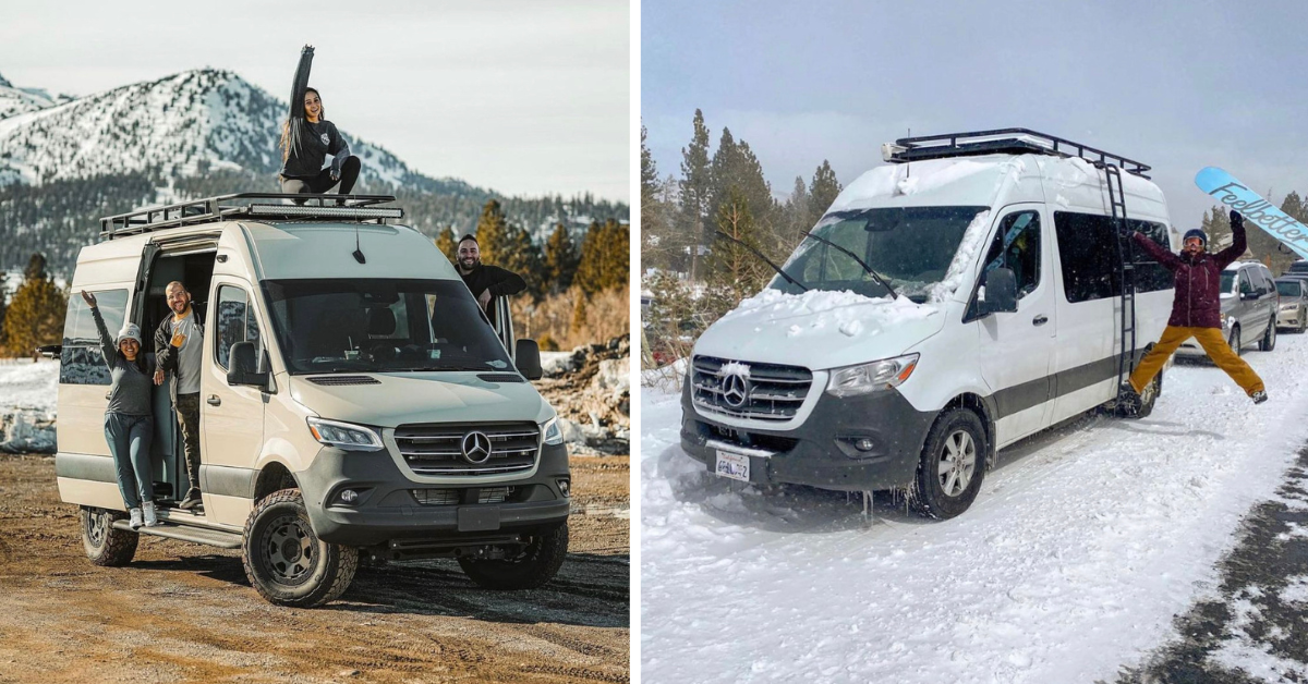 people with their snowboards and ski's standing next to their ski van conversion