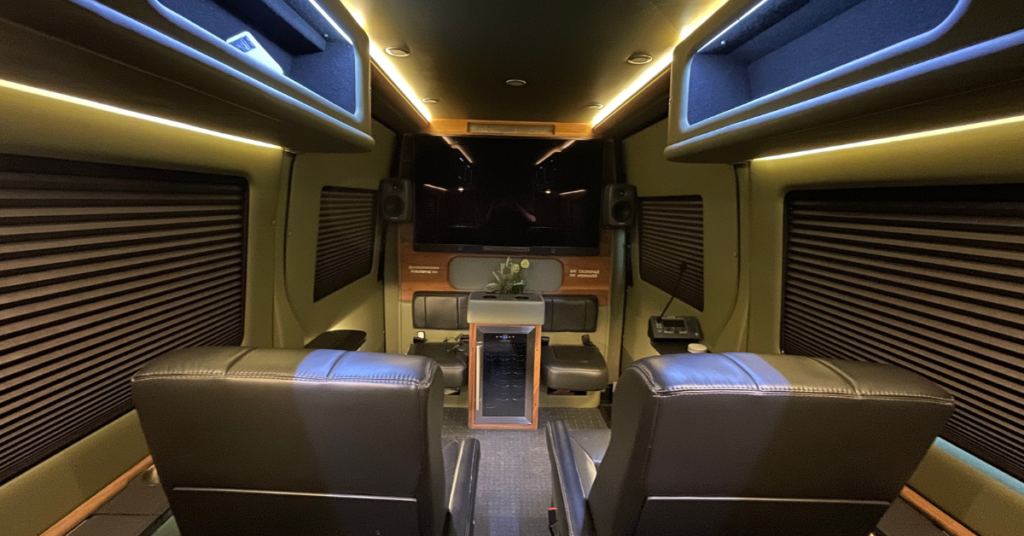 The interior of a conversion van