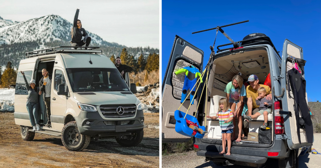 Two photos of people in the outdoors in their converted campervans