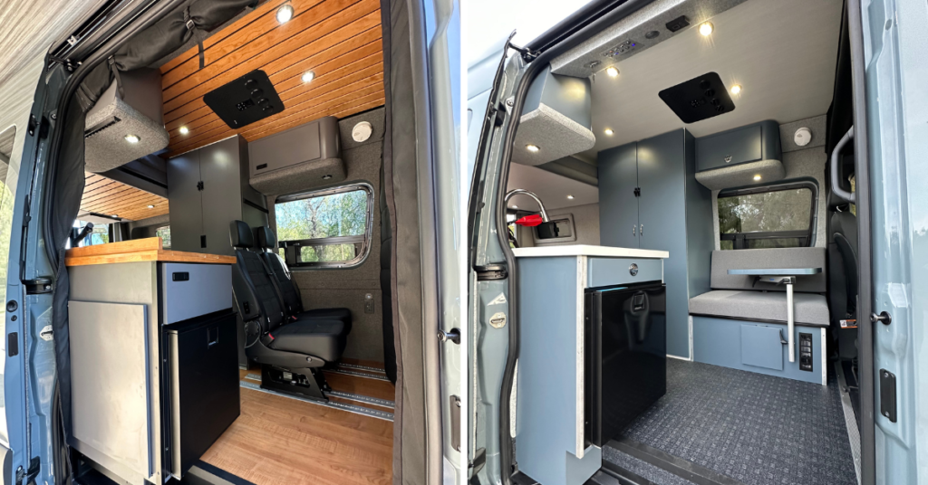 two photos of different campervan floor layouts