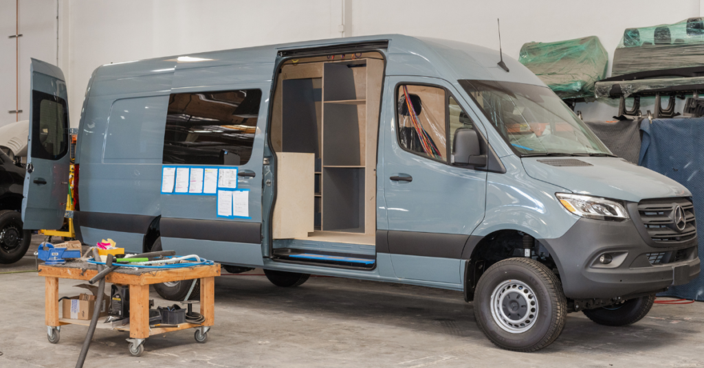 a mercedes sprinter van in the very early stages of being converted