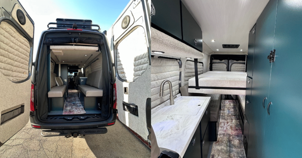 a split image of the interior of as campervan with a drop down bed