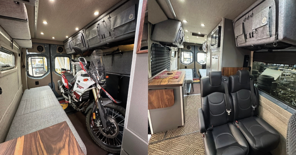 a split screen of the interior of a adventure van conversion with a motorcycle in it.