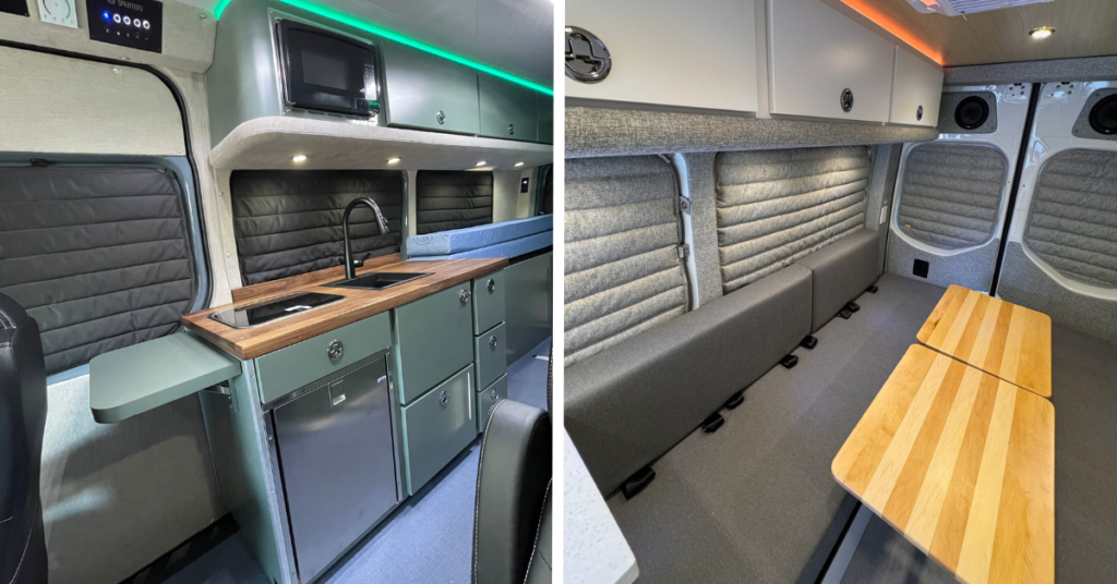 a split screen of two interiors of campervan with window covers