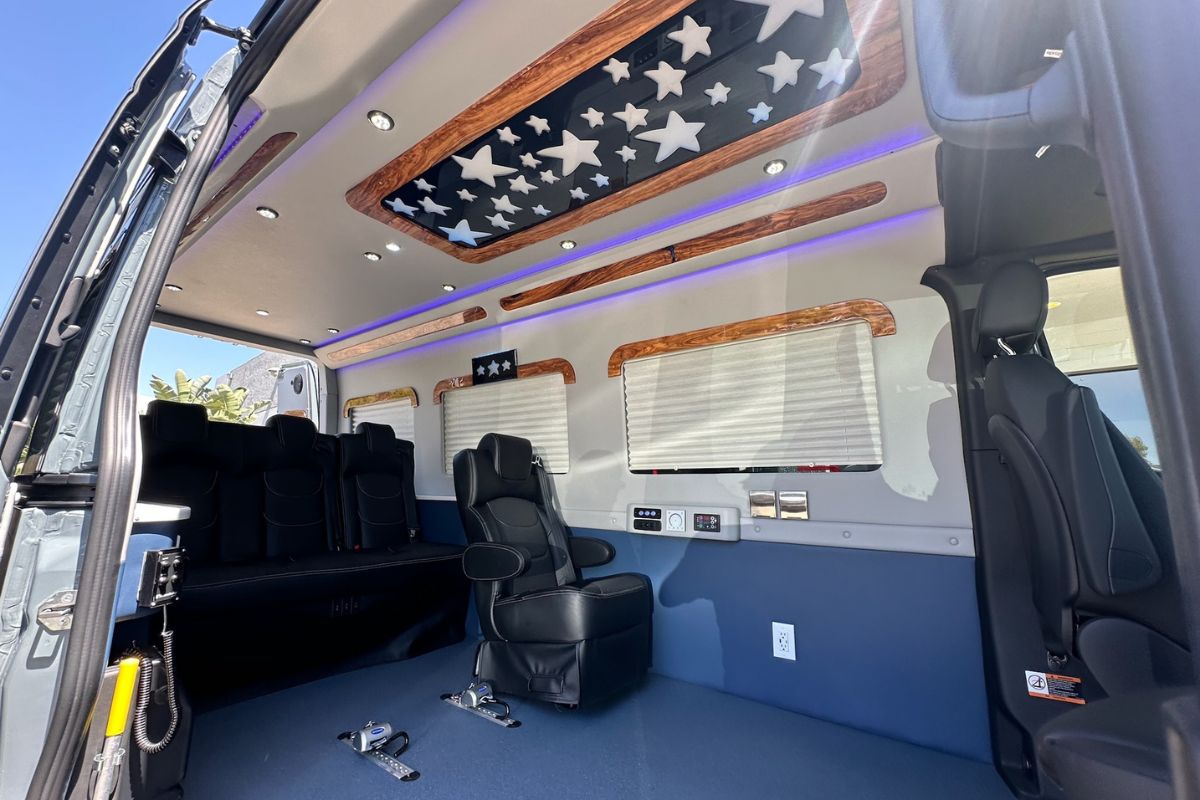 the inside of a adaptive van conversion