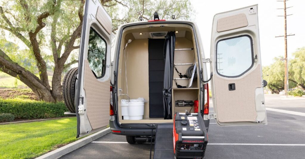 a campervan with a bathroom in the rear and a generator storage