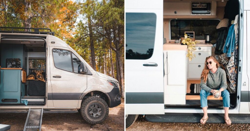 two different campervan lifestyles - One with a dog and another with a woman